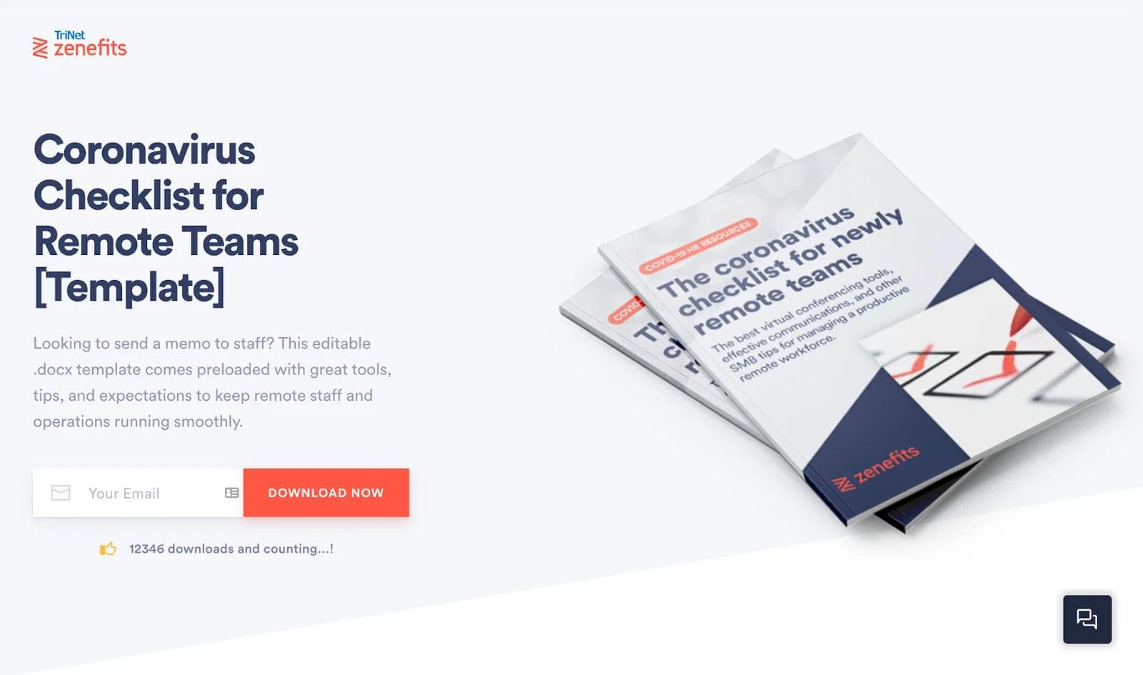 zenefits-download-counter Editable coronavirus checklist template for remote teams, featuring tools, tips, and a download button.