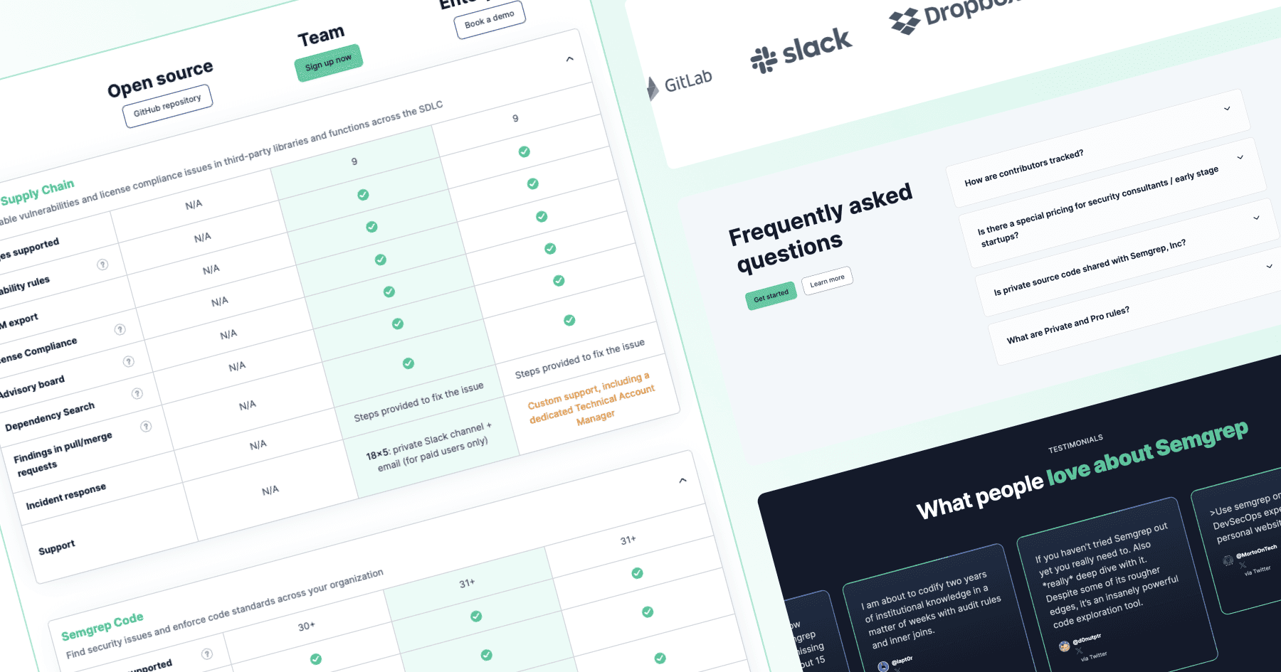 Screenshot of a website featuring tables, FAQs, and testimonials about Semgrep's services and support options.