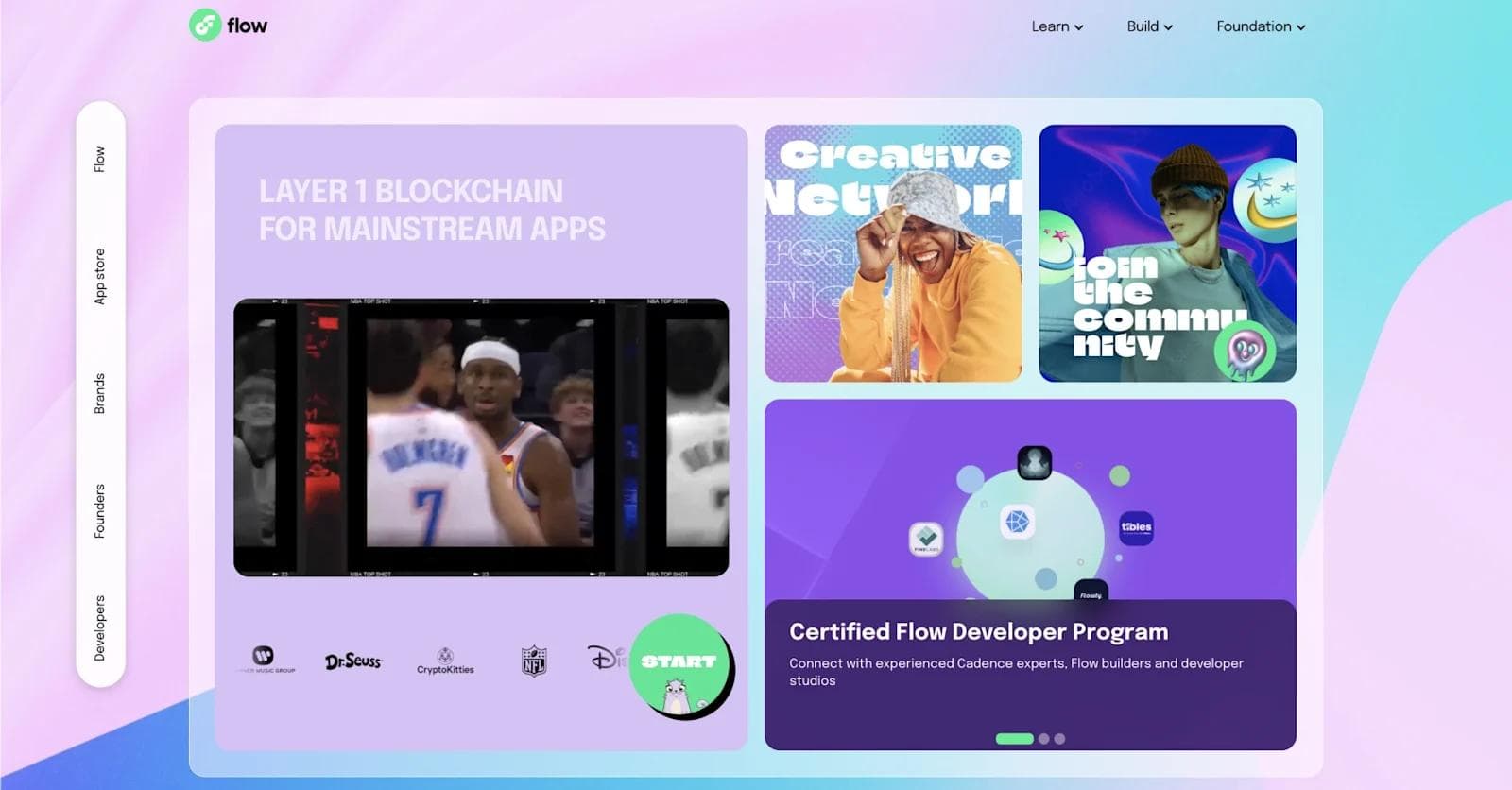 flow-homepage Flow blockchain website homepage featuring app sections and promotional content.