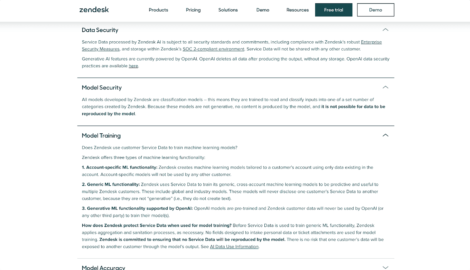 Zendesk webpage section on data and model security, detailing machine learning functionality and data protection measures.