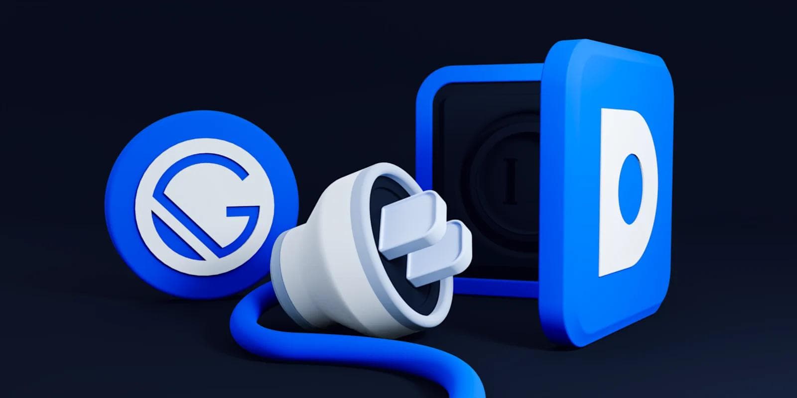 Icons of software plugins with a white power plug and blue background.