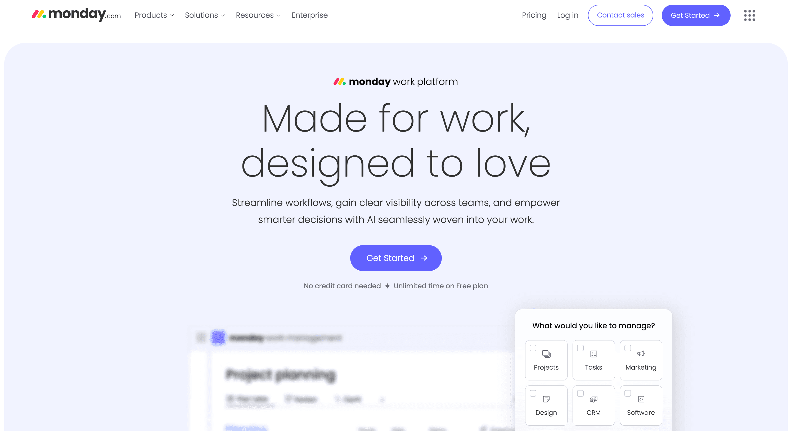 Screenshot of a website promoting Monday.com, featuring a tagline about work management and options to get started.