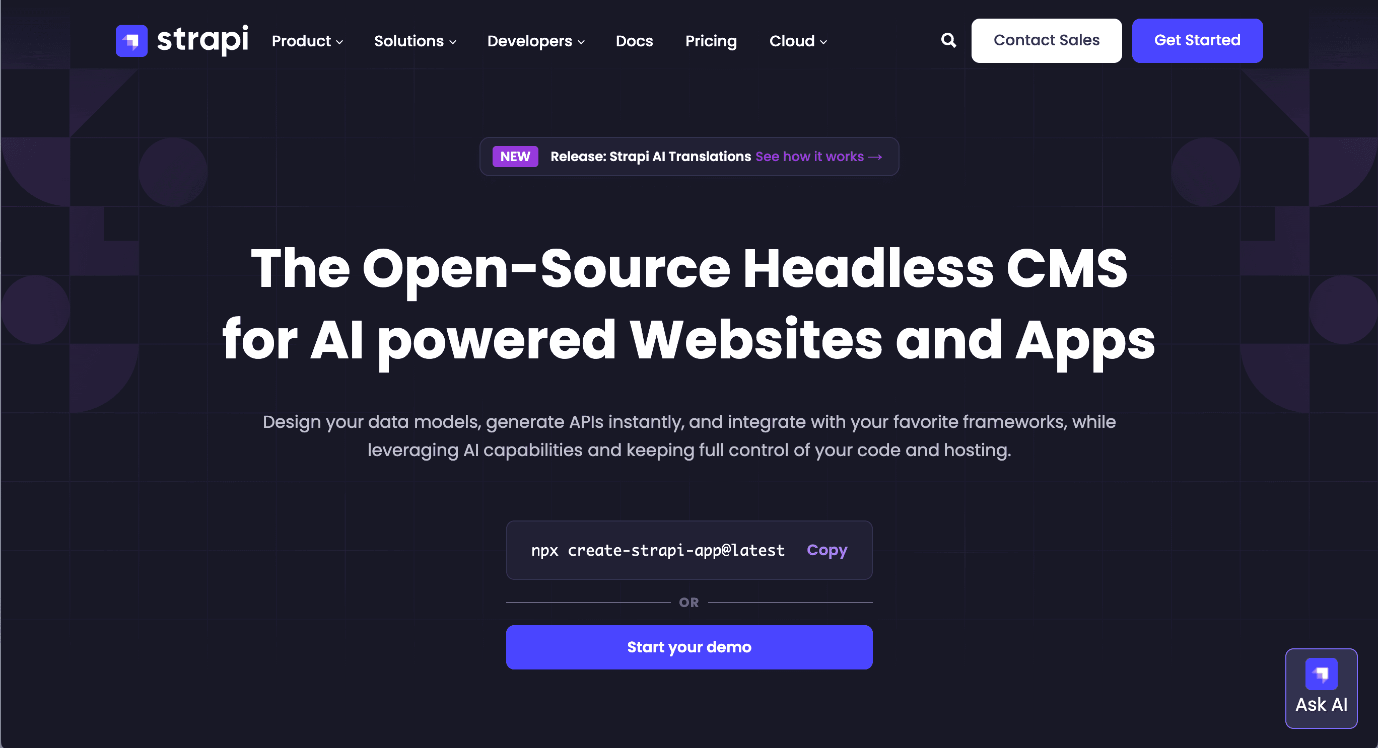 Strapi.io home page.