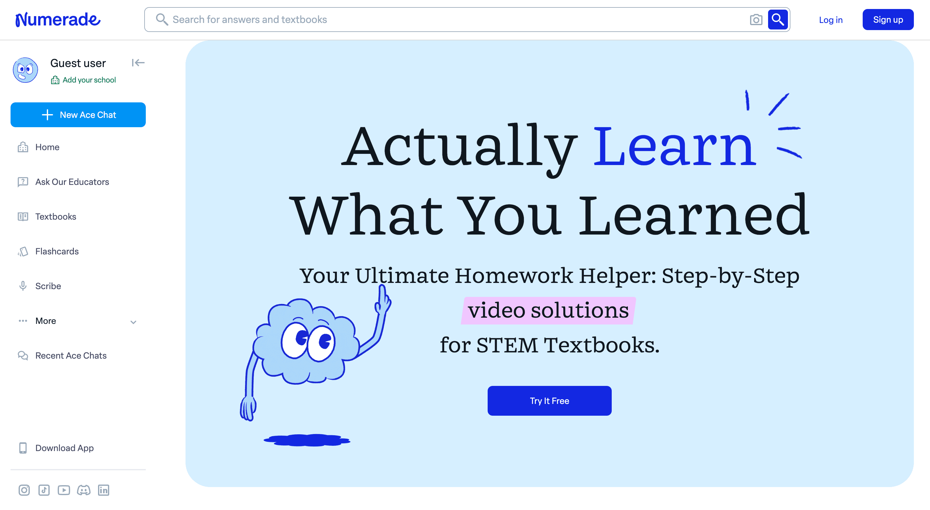 Numerade homepage showcasing homework help and video solutions for STEM textbooks.