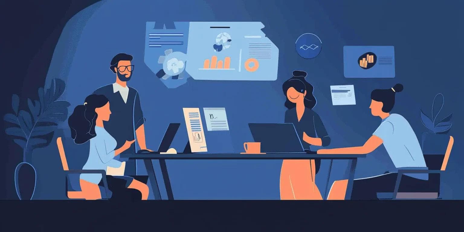 Team collaborating at a conference table with laptops and data visuals in a modern workspace.