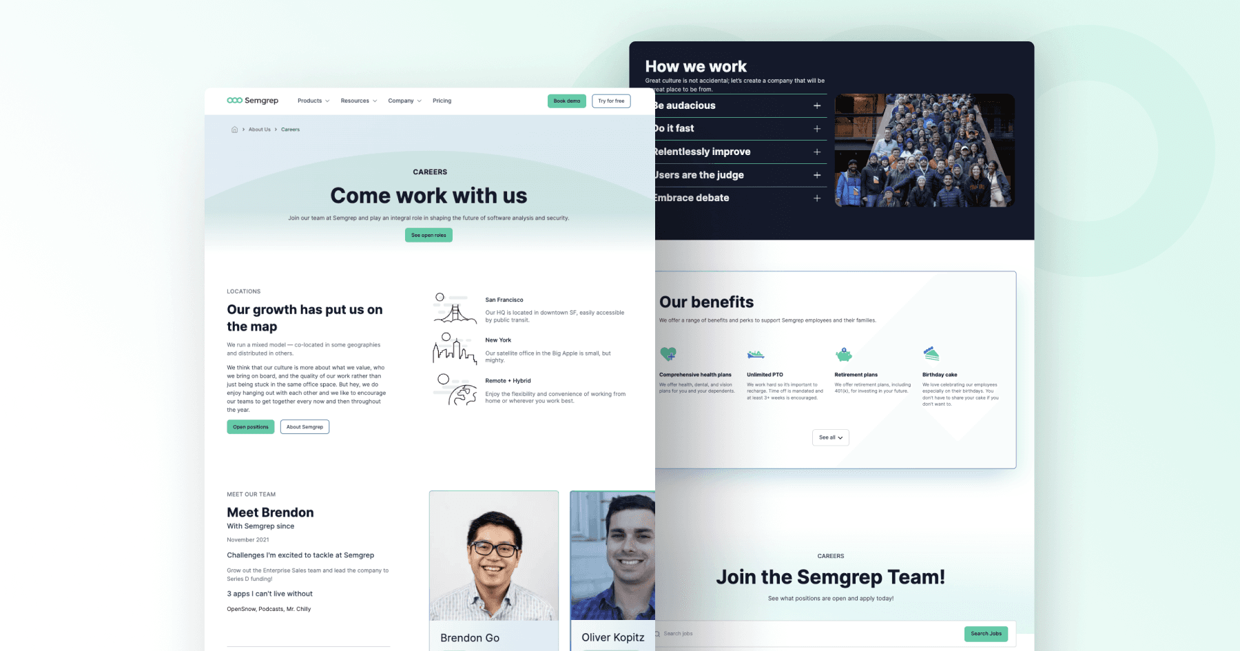 Screenshot of Semgrep's careers page, showcasing job opportunities, team members, and employee benefits.