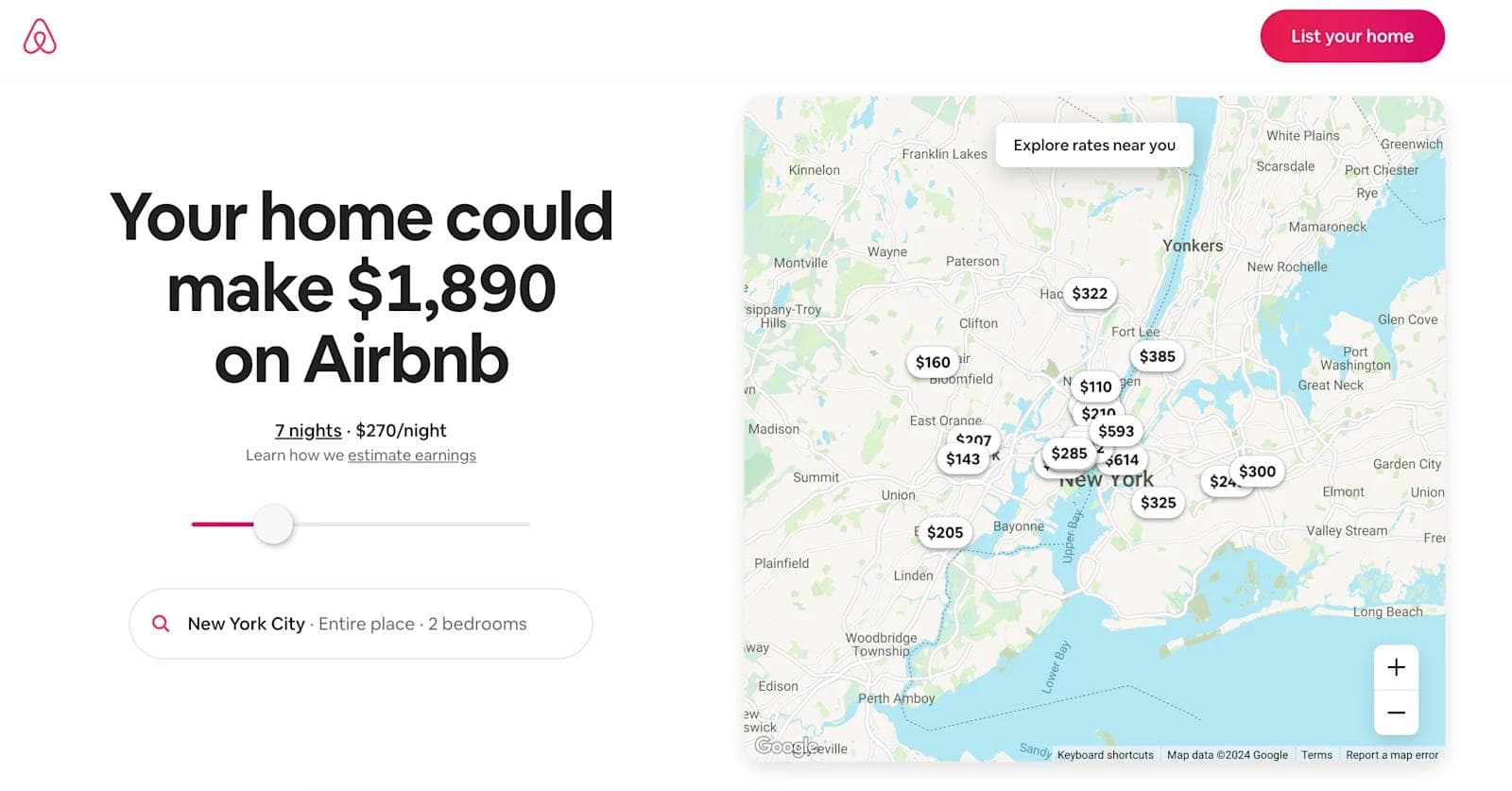 Airbnb Landing Page Airbnb listing estimate in New York City: potential earnings of $1,890 for 7 nights at $270/night.