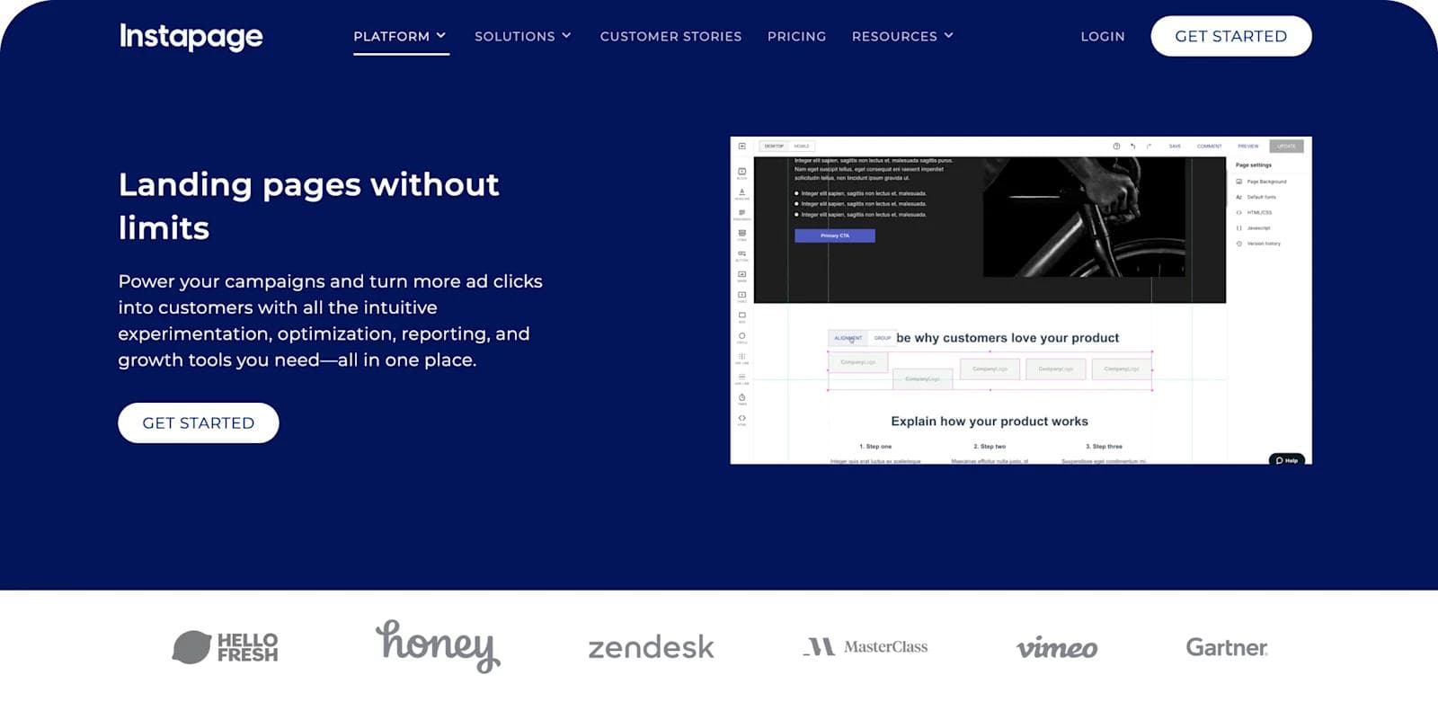 instapage-homepage Screenshot of Instapage platform highlighting features for creating landing pages with a "Get Started" button.