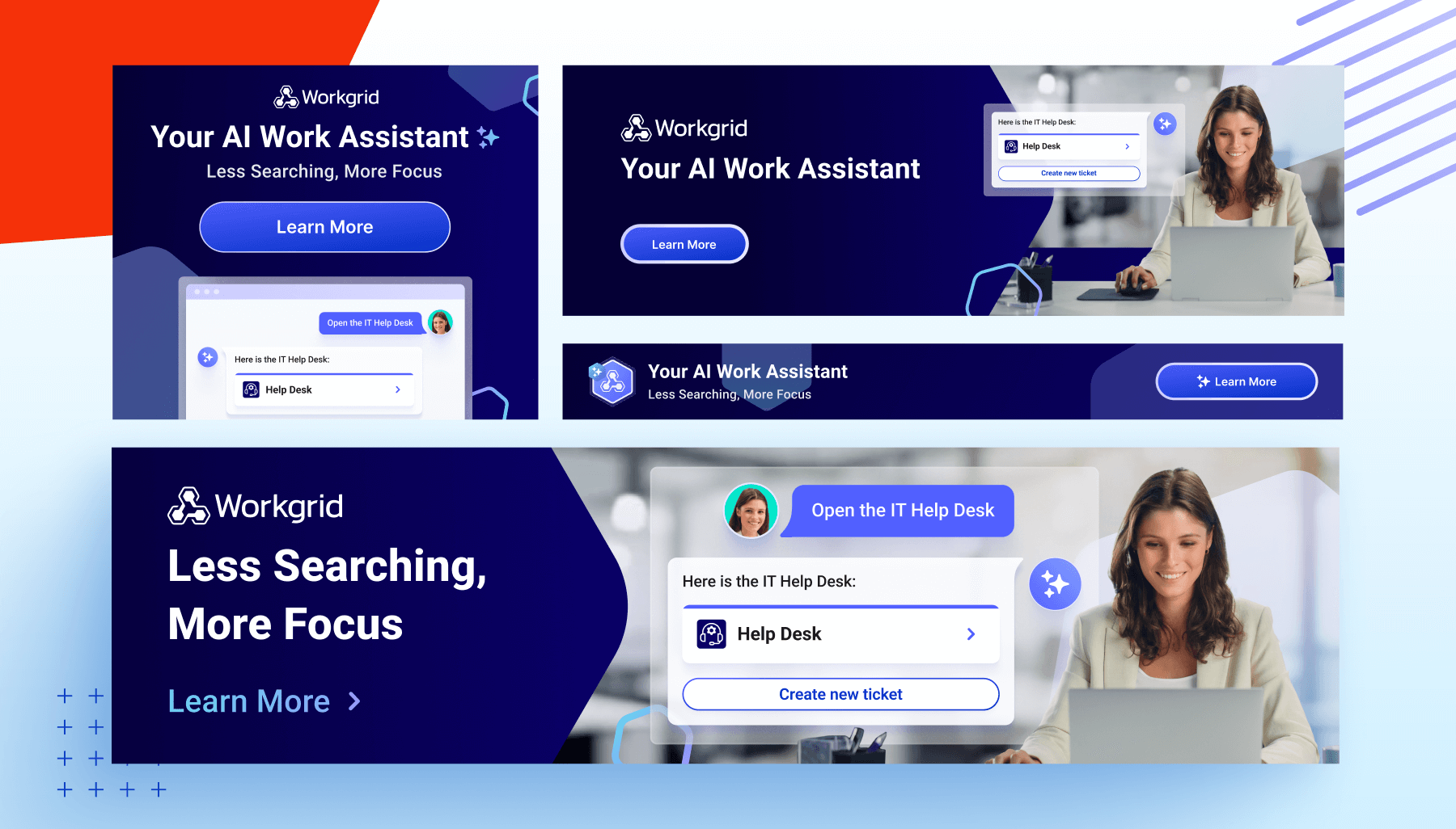 Promotional graphics for Workgrid, featuring AI work assistant and help desk support with "Learn More" buttons.