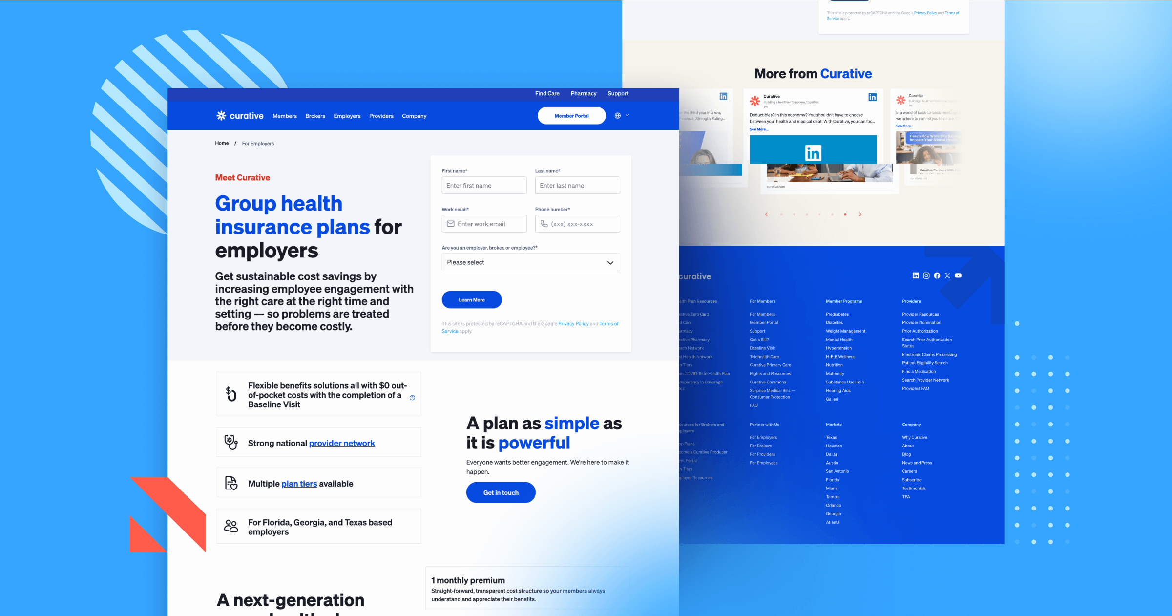 Curative website snapshot featuring group health insurance plans for employers and member portal login.