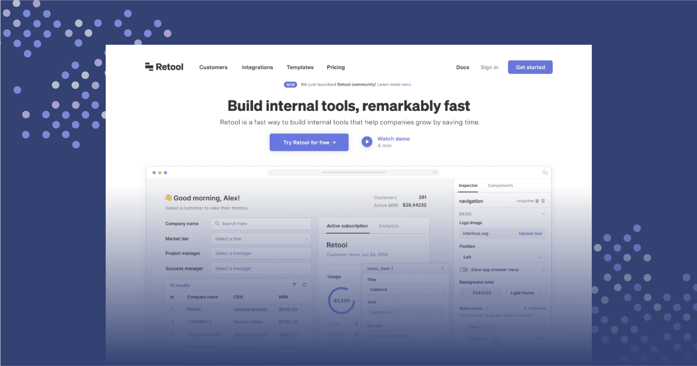 Screenshot of Retool's interface, showcasing user metrics and internal tool-building features.