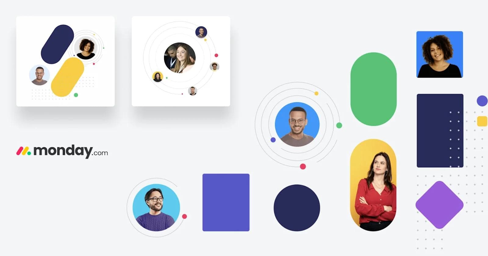 Monday product page Graphic featuring diverse individuals' portraits and colorful geometric shapes, branded with monday.com.