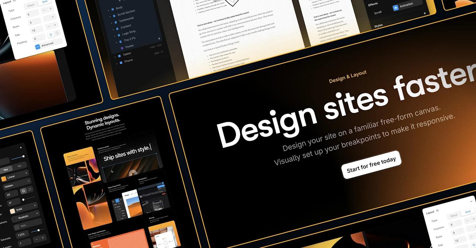 A digital design interface showcasing layouts, typography, and tools for quicker website development.