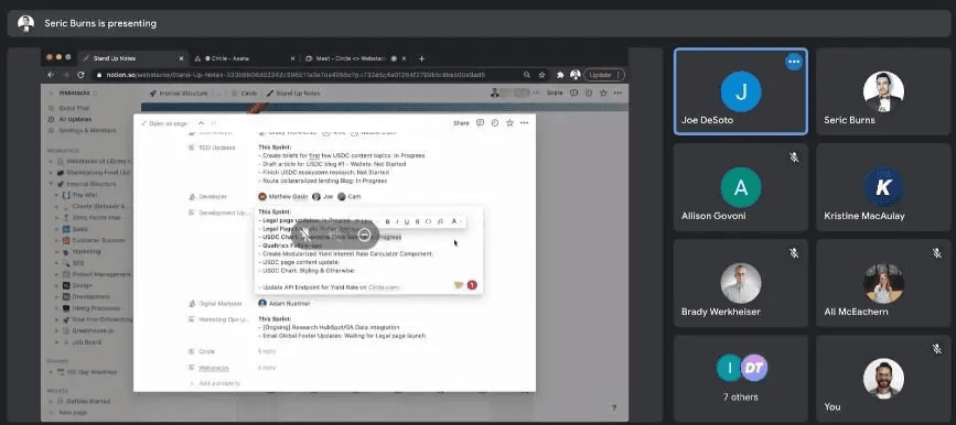 A virtual meeting with Seric Burns presenting to participants, displaying notes on a shared screen.