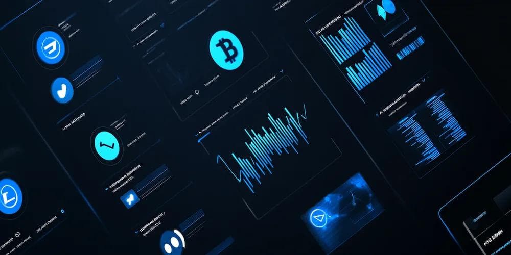 Dark themed interface displaying cryptocurrency data, charts, and logos on digital screens.