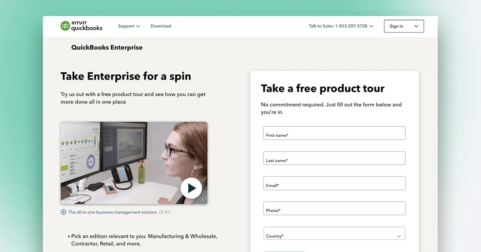 Quickboks - Demo page QuickBooks Enterprise landing page offering a free product tour with a user input form and a video preview.