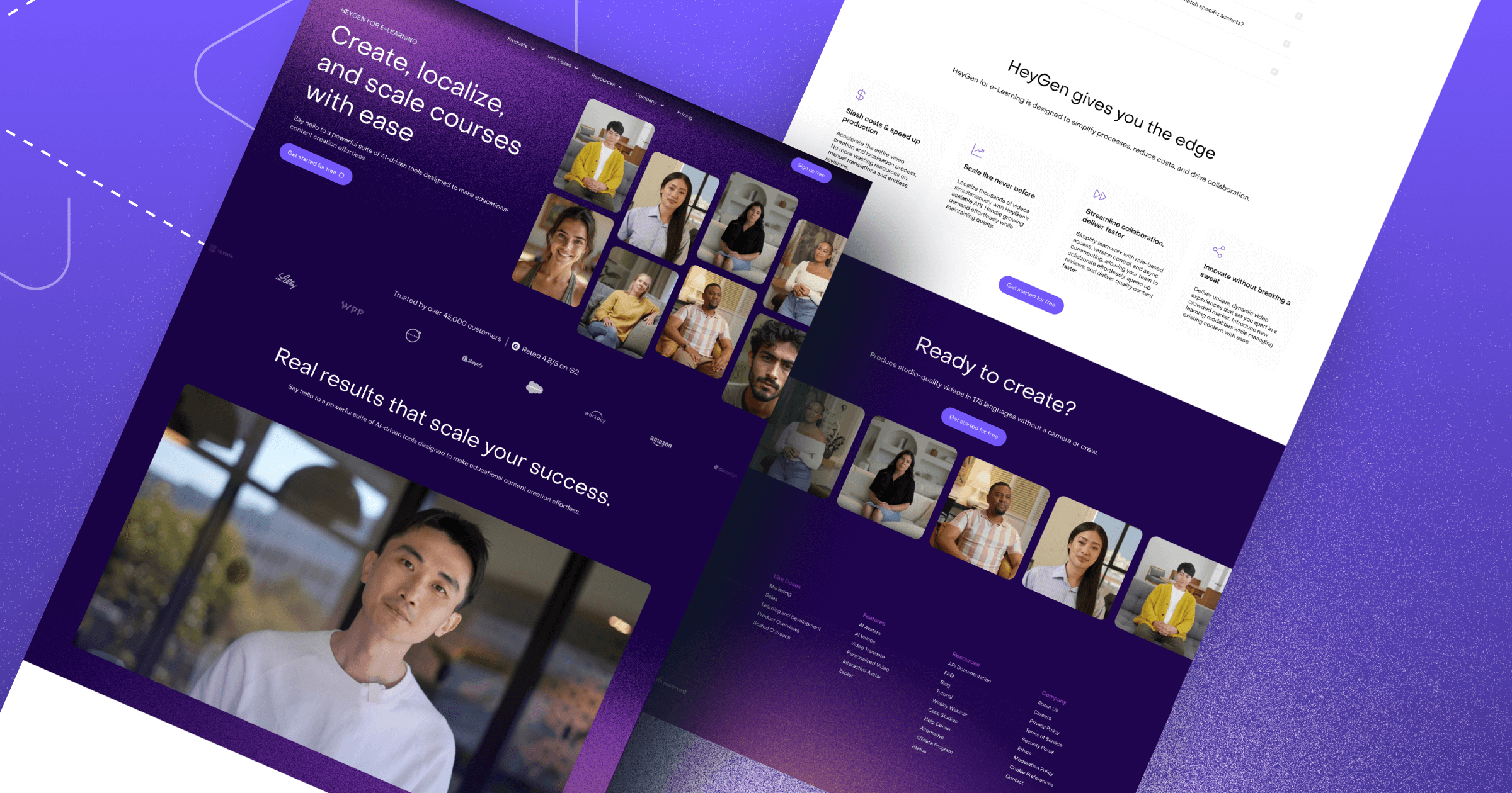 E-learning website mockup highlighting tools for creating, localizing, and scaling courses with user testimonials.