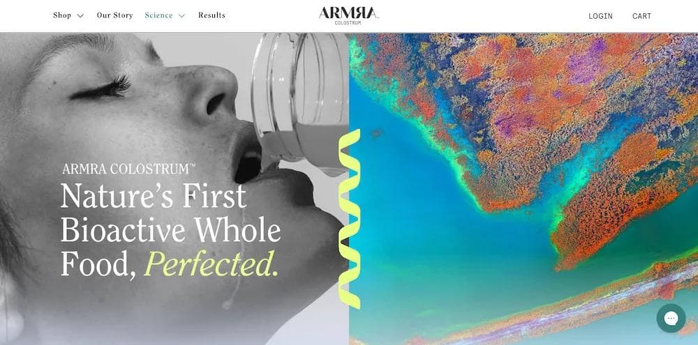 armra homepage A woman drinks from a bottle, with vibrant imagery and text promoting ARMRA Colostrum as a bioactive whole food.