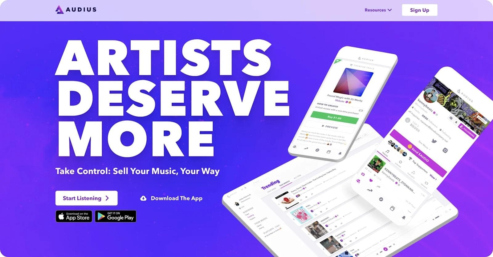 audius-homepage Homepage of Audius featuring mobile app screenshots and the slogan "Artists Deserve More" on a purple background.