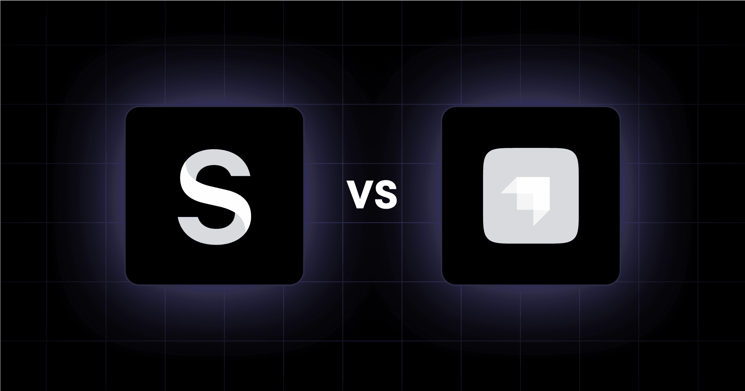 A graphic showing two logos, one labeled "S" and the other with an upward arrow, separated by "vs" on a dark grid background.