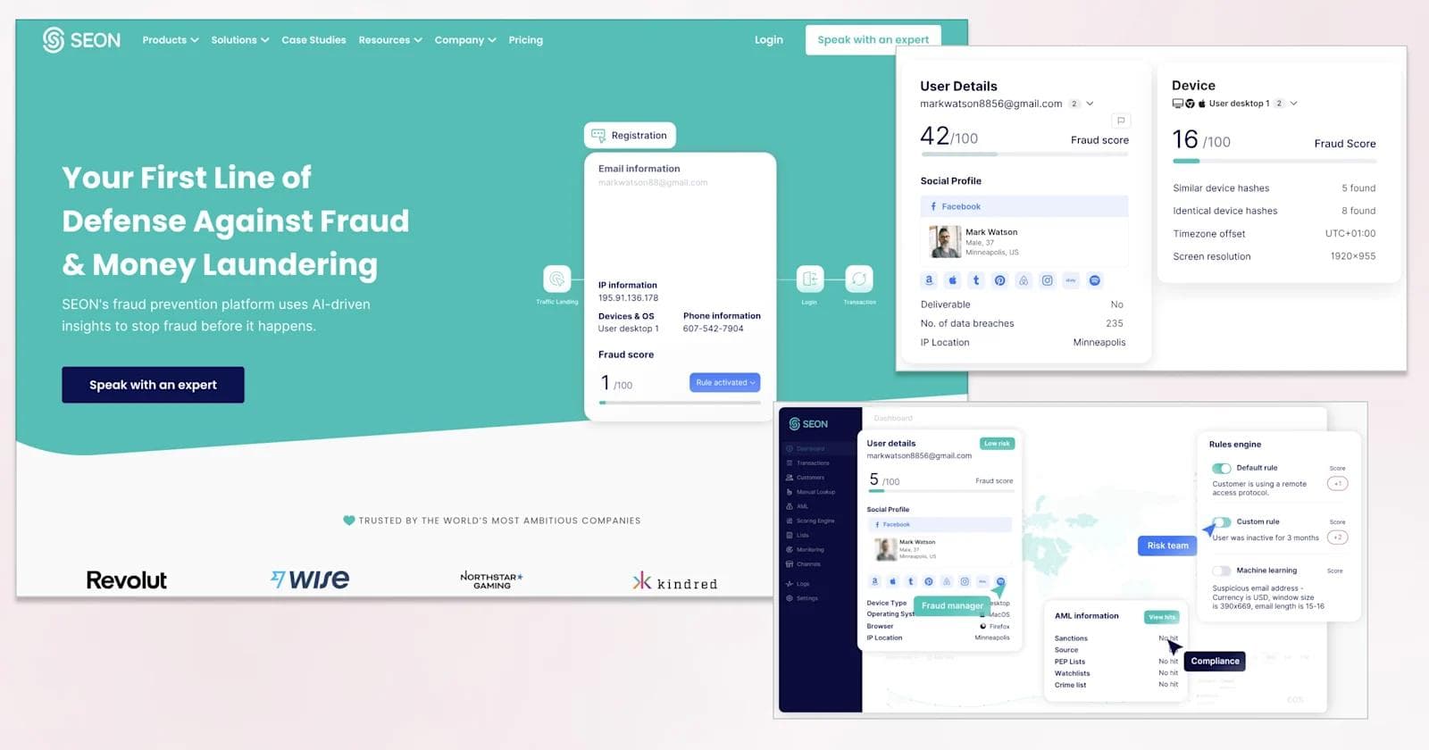 seon Screenshot of SEON's fraud prevention platform showcasing user details, fraud scores, and AI-driven insights.