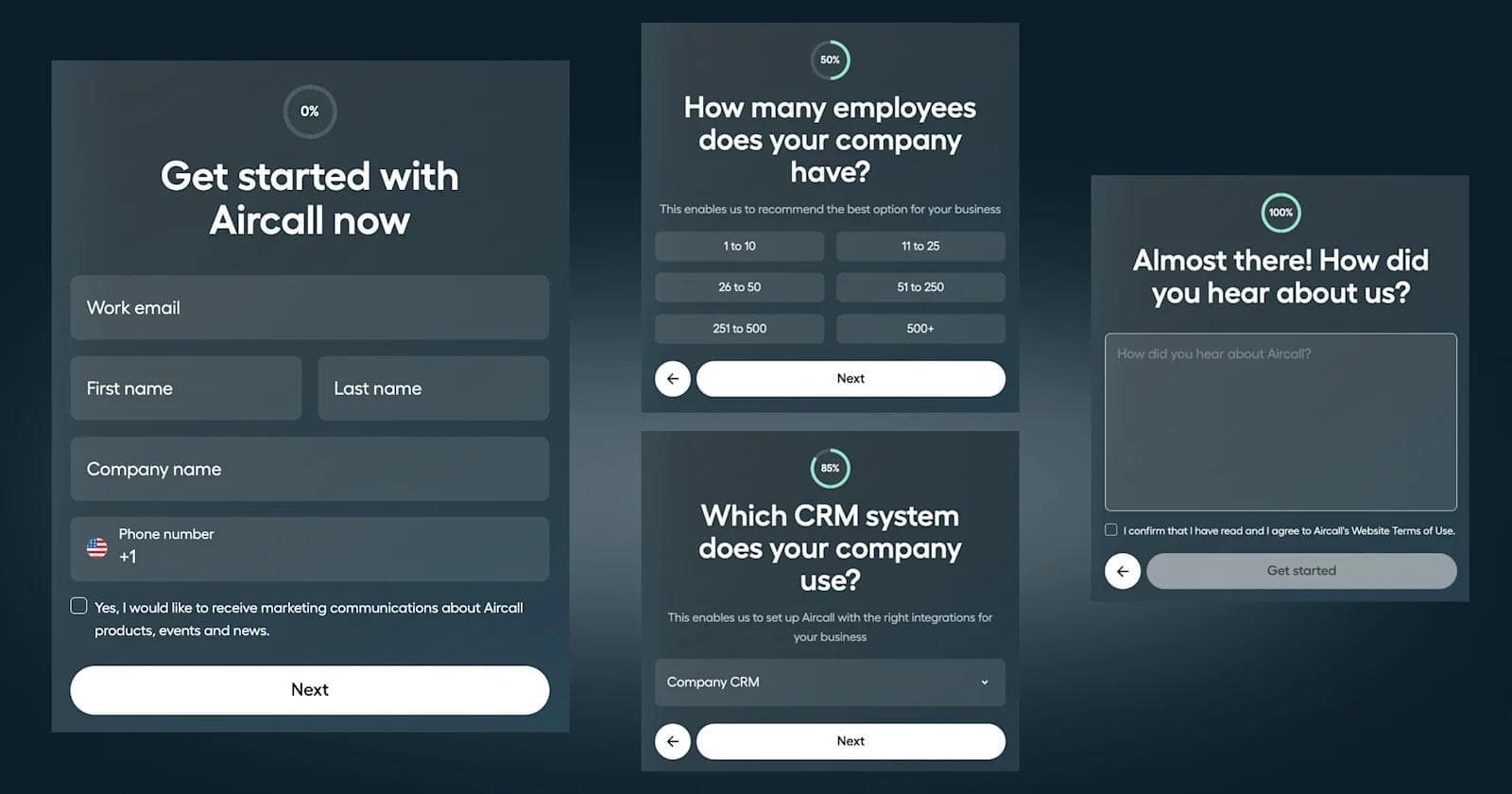Aircall form Four-step form for signing up with Aircall, collecting user details and preferences.