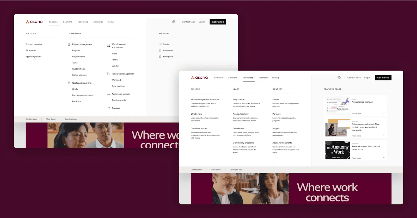 Asana-mega-menu Asana website interface showcasing features, resources, solutions, and pricing options with a maroon background.