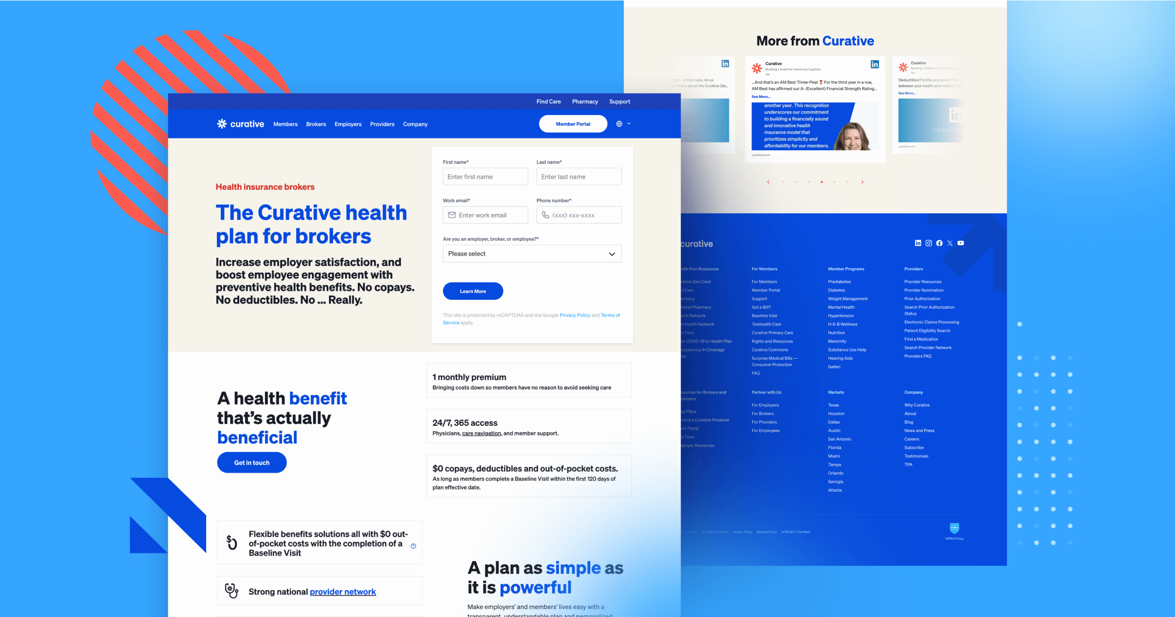 Screenshot of the Curative health plan webpage for brokers, highlighting benefits and member resources.
