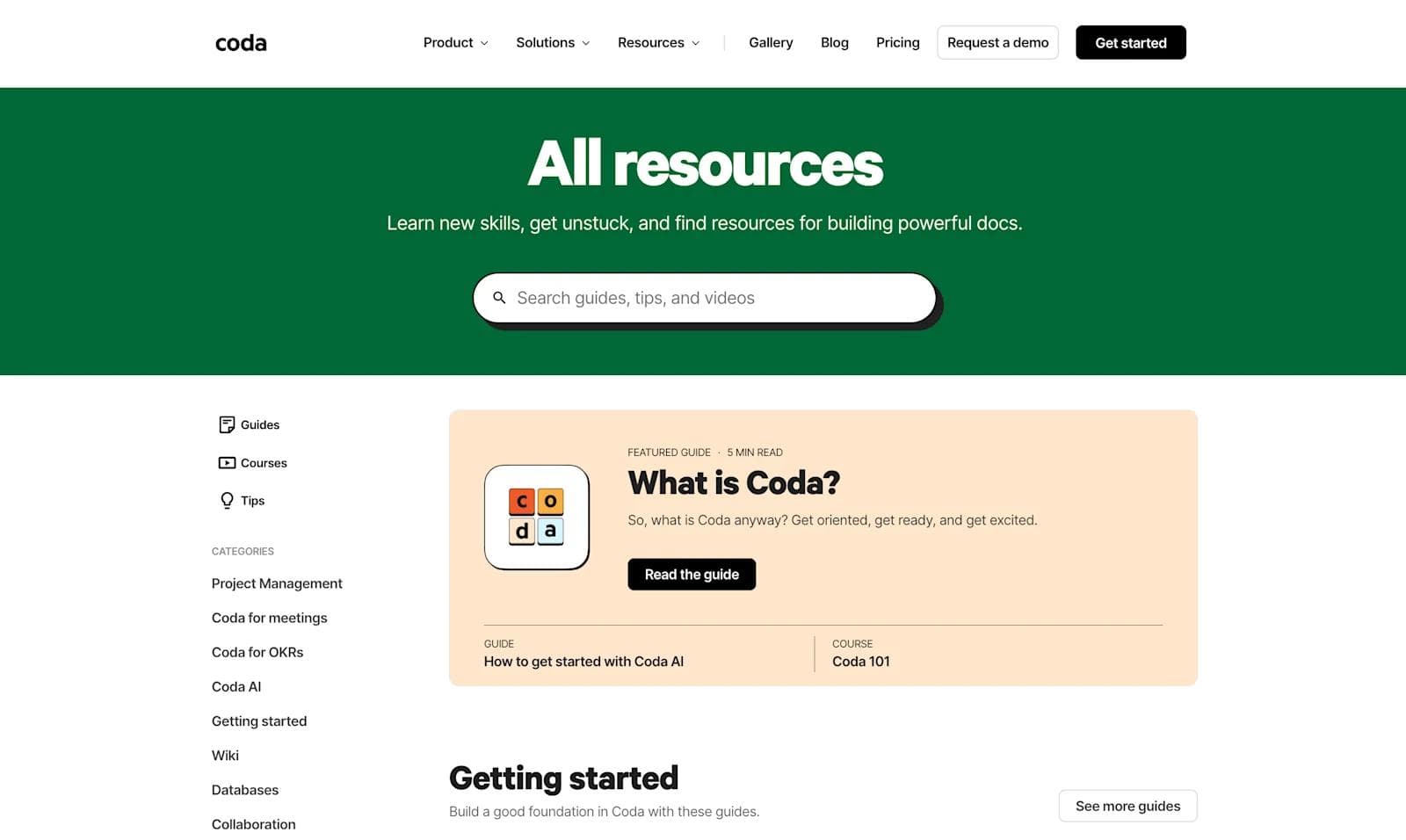 coda resources Coda resources page featuring guides, courses, and tips for improving skills with the Coda platform.