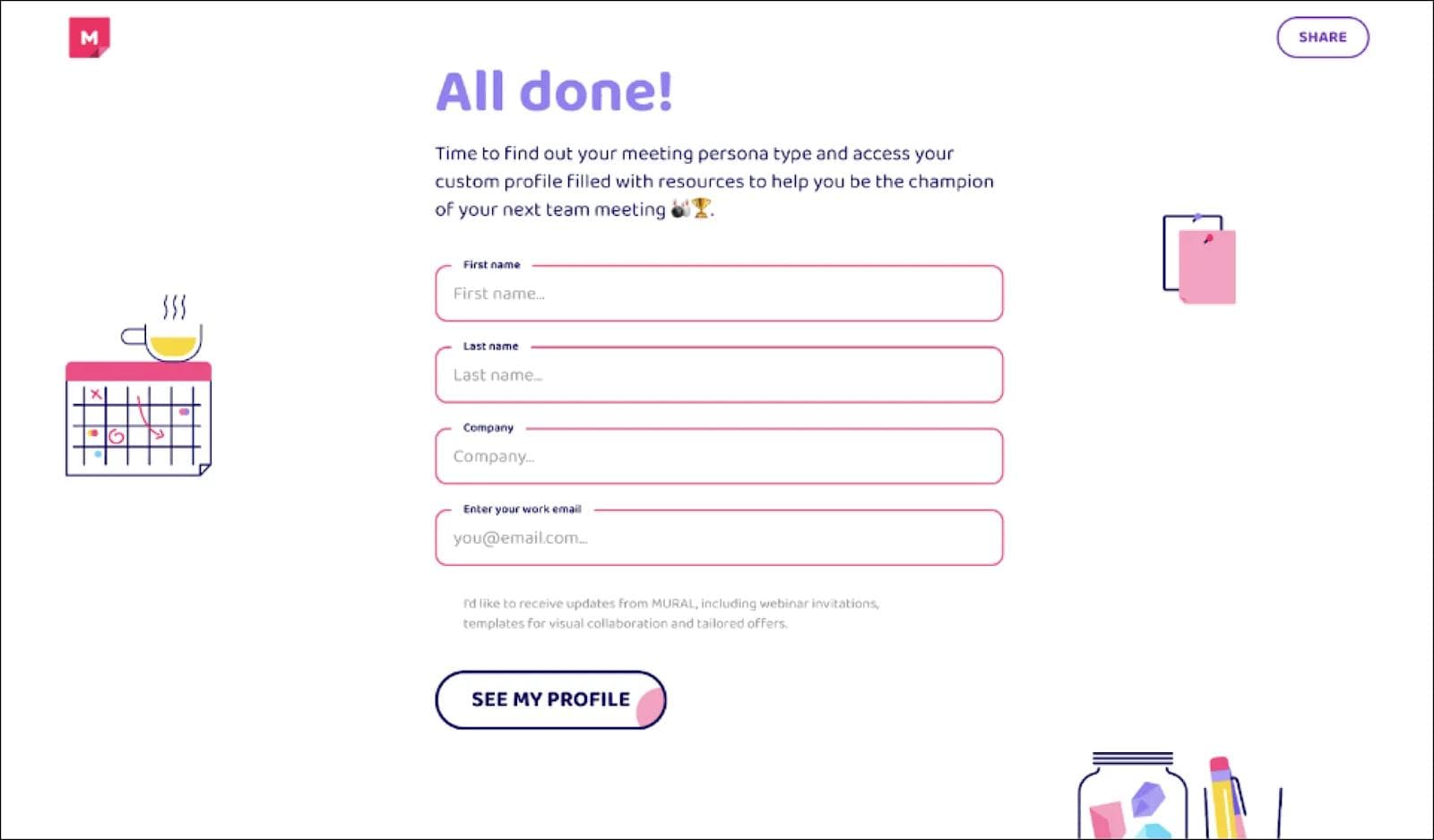 mural 5 Form interface to create a custom meeting profile, requesting first name, last name, company, and email.