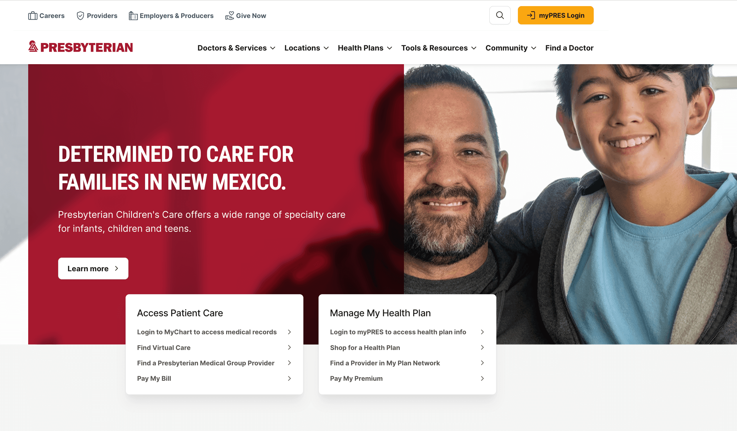 Homepage of Presbyterian Children's Care, featuring a smiling father and son with health service options listed.