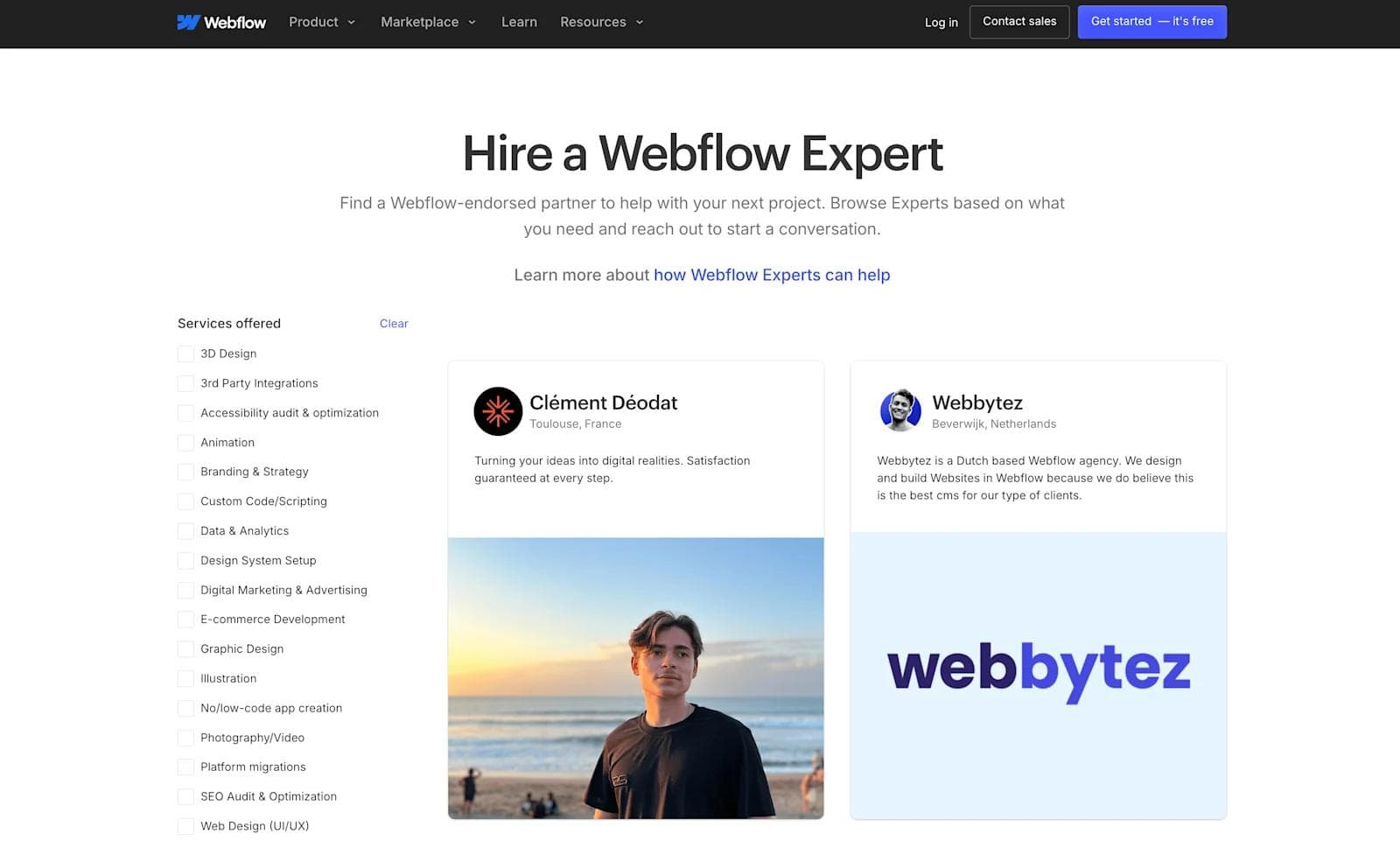 webflow expert partners Webflow expert hiring page featuring profiles, services, and descriptions of freelancers like Clément Déodat and Webbytez.