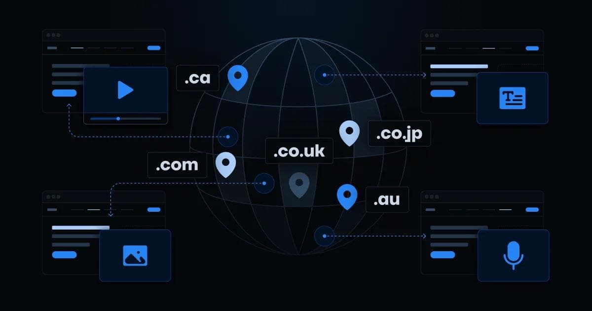 Graphic showing various domain extensions linked to web pages on a globe against a dark background.