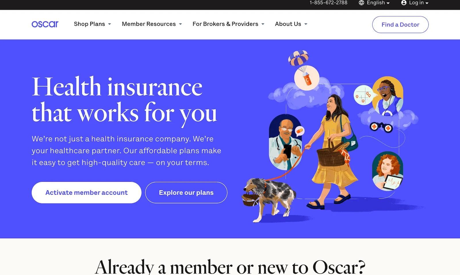 oscar hp Illustration of a woman walking a dog, promoting health insurance options and personalized healthcare solutions.