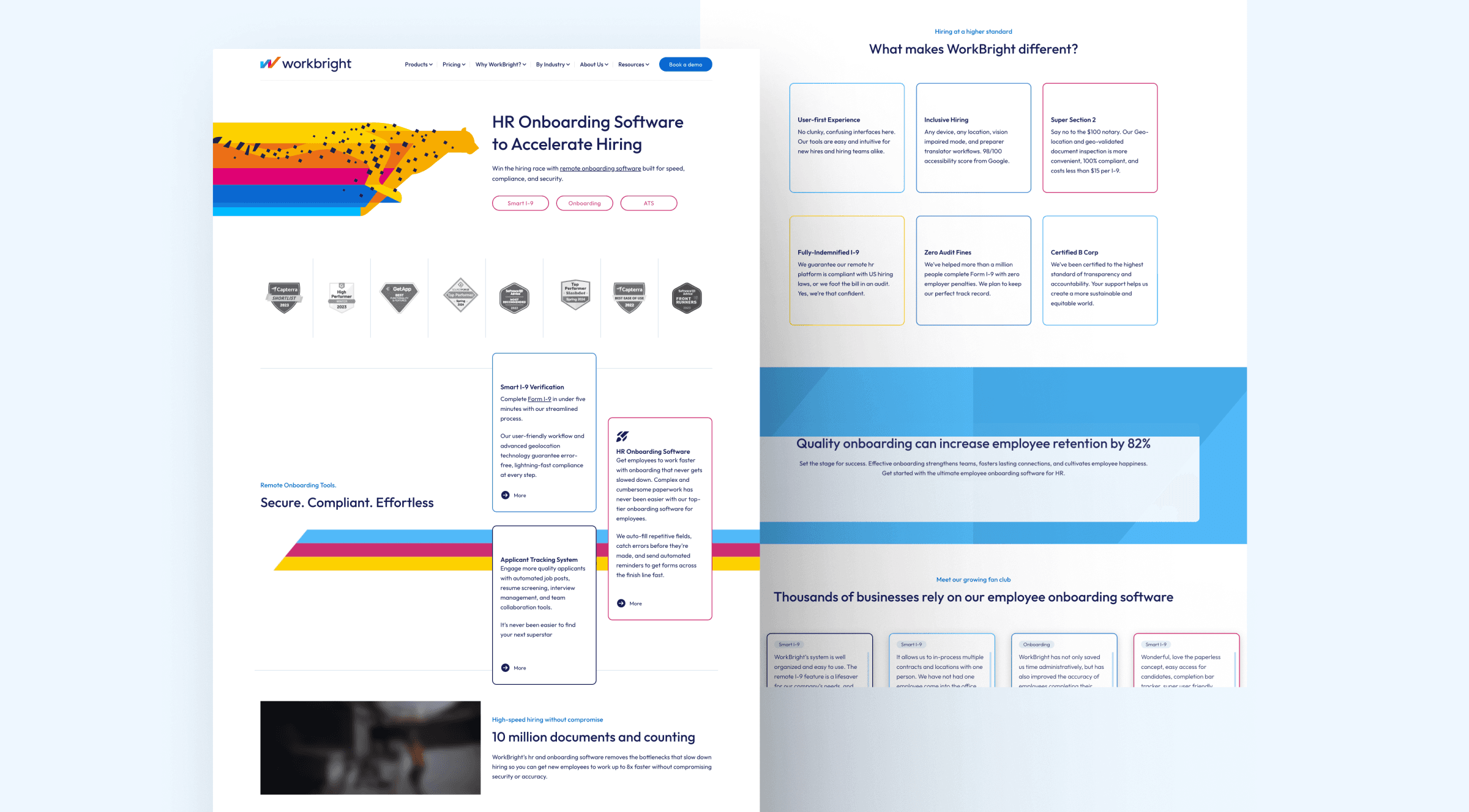 WorkBright HR onboarding software webpage showcasing features and benefits for seamless hiring and employee retention.