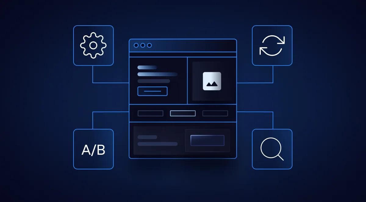 BoostWebsiteRevenue Illustration of a website interface with icons for settings, A/B testing, refresh, and search functions on a dark background.