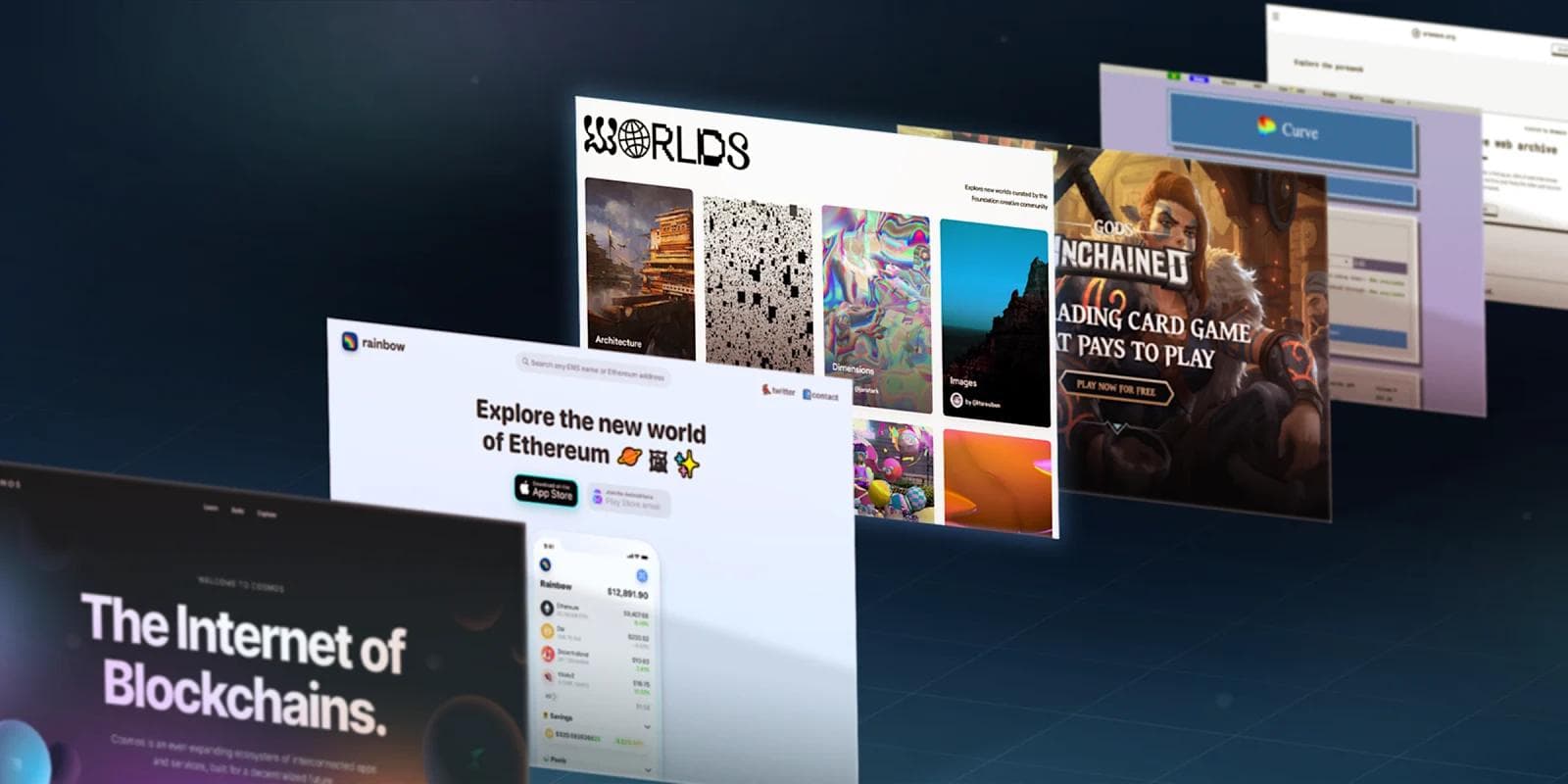 Various blockchain-related websites displayed in a dynamic, futuristic layout.