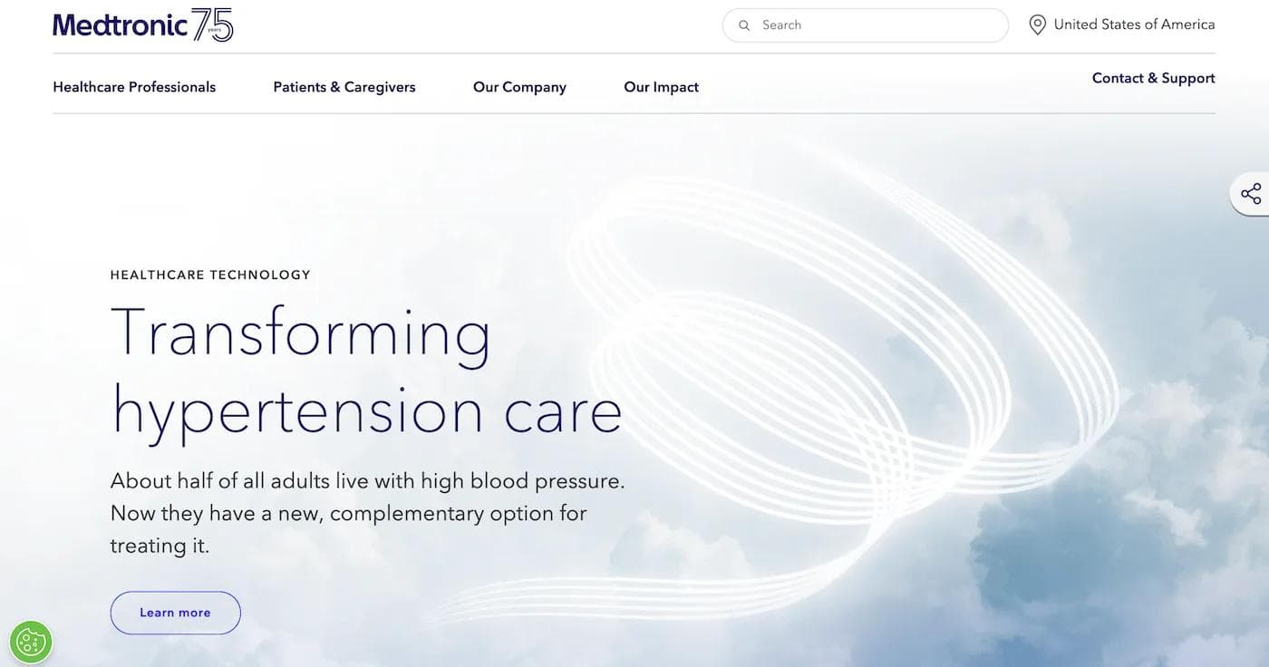 medtronic hp Medtronic webpage highlighting hypertension care and new treatment options in healthcare technology.