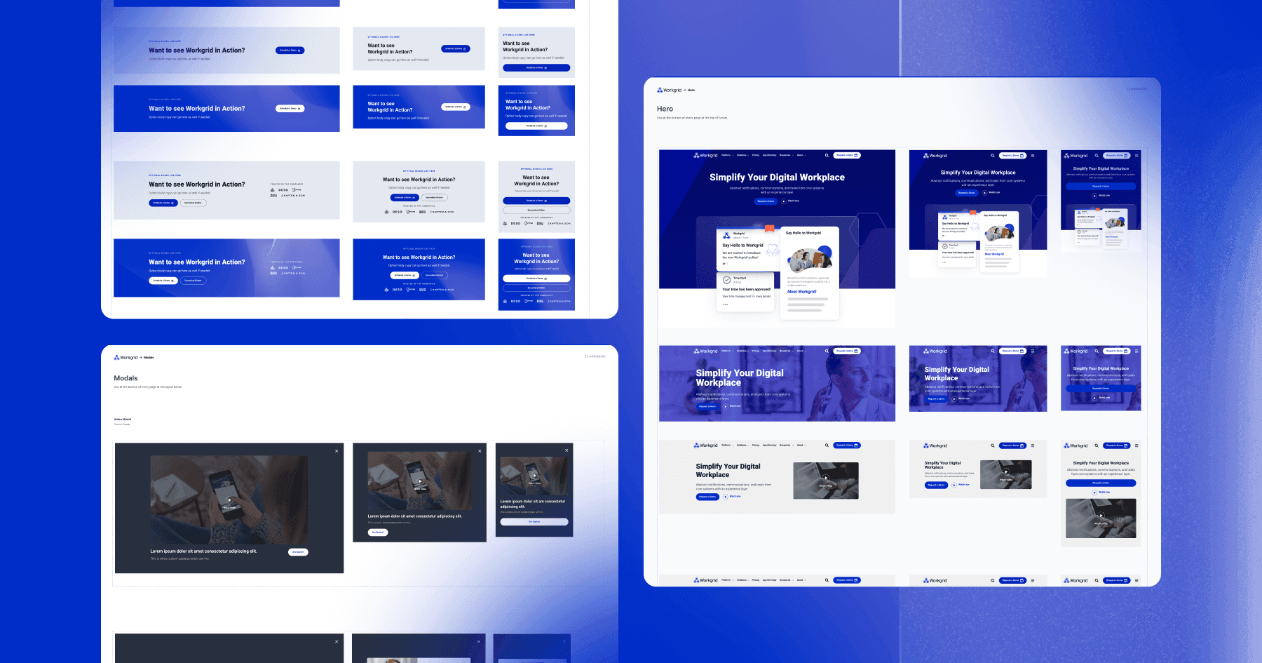 Screenshots of a digital workspace interface showcasing various modal designs with a blue color scheme.