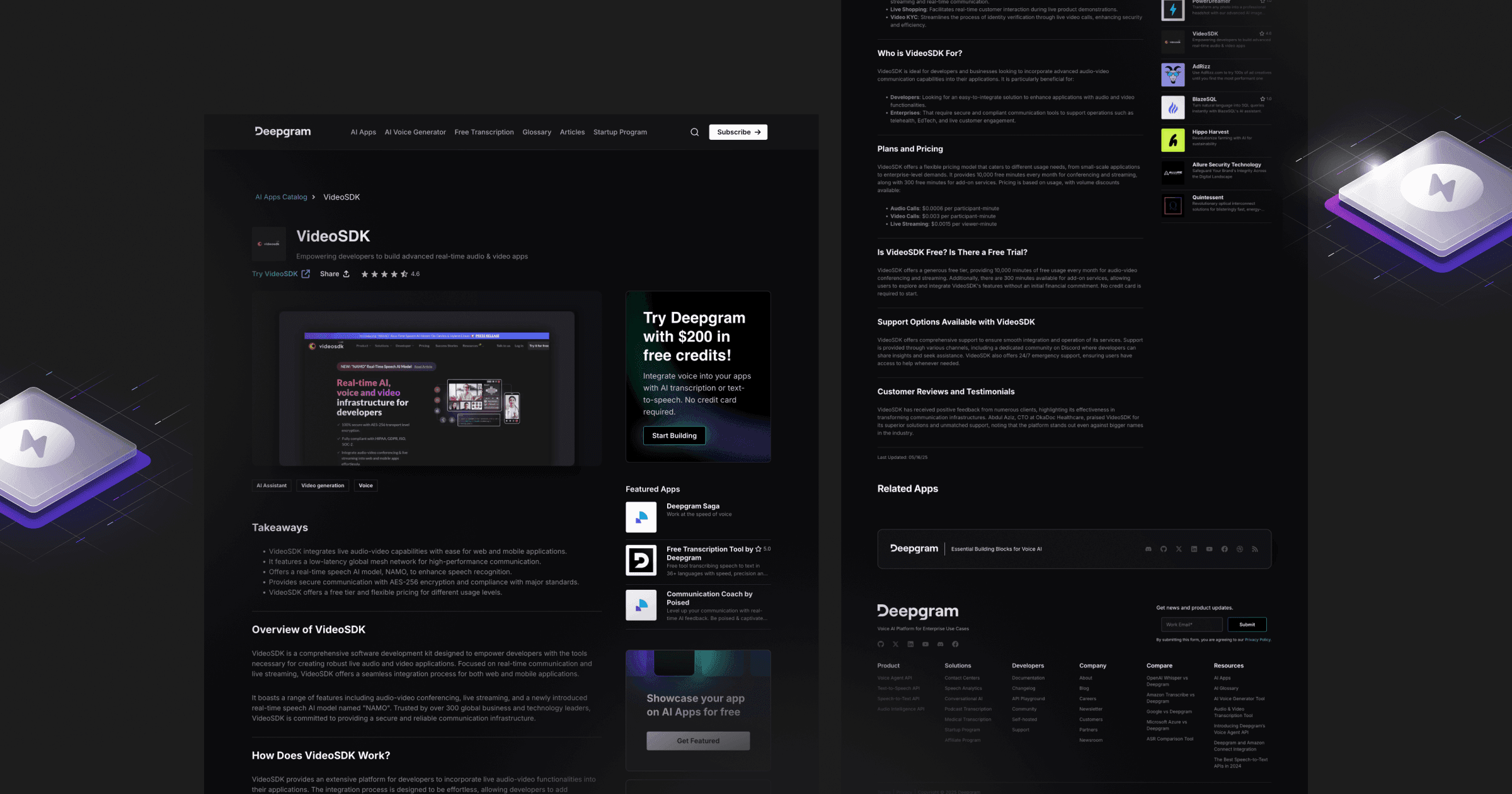 Deepgram's VideoSDK webpage features tools for audio-video development with user testimonials and pricing information.