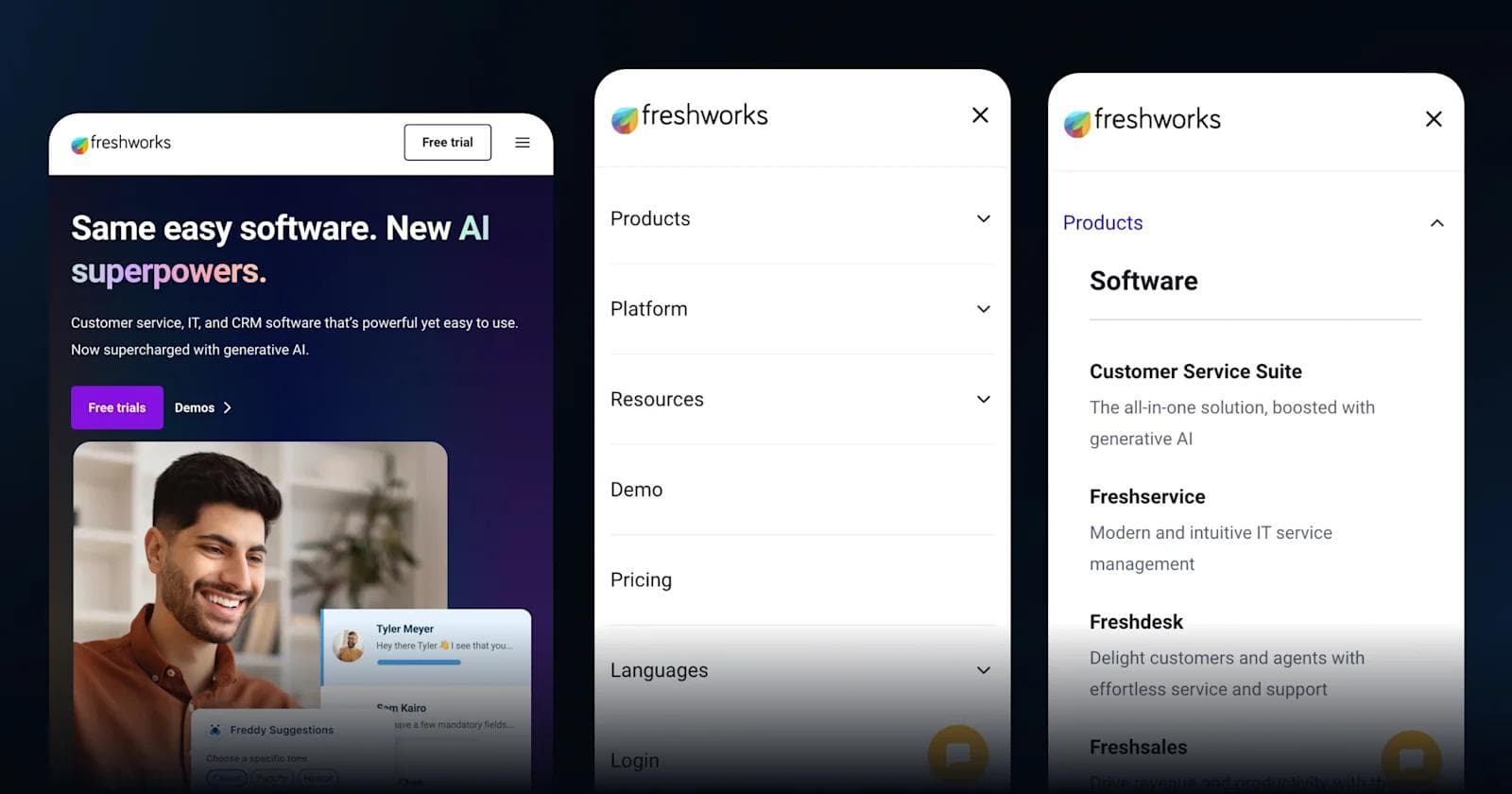 Freshworks Mobile Navigation Freshworks website showcasing AI-powered software solutions for customer service, IT, and CRM.