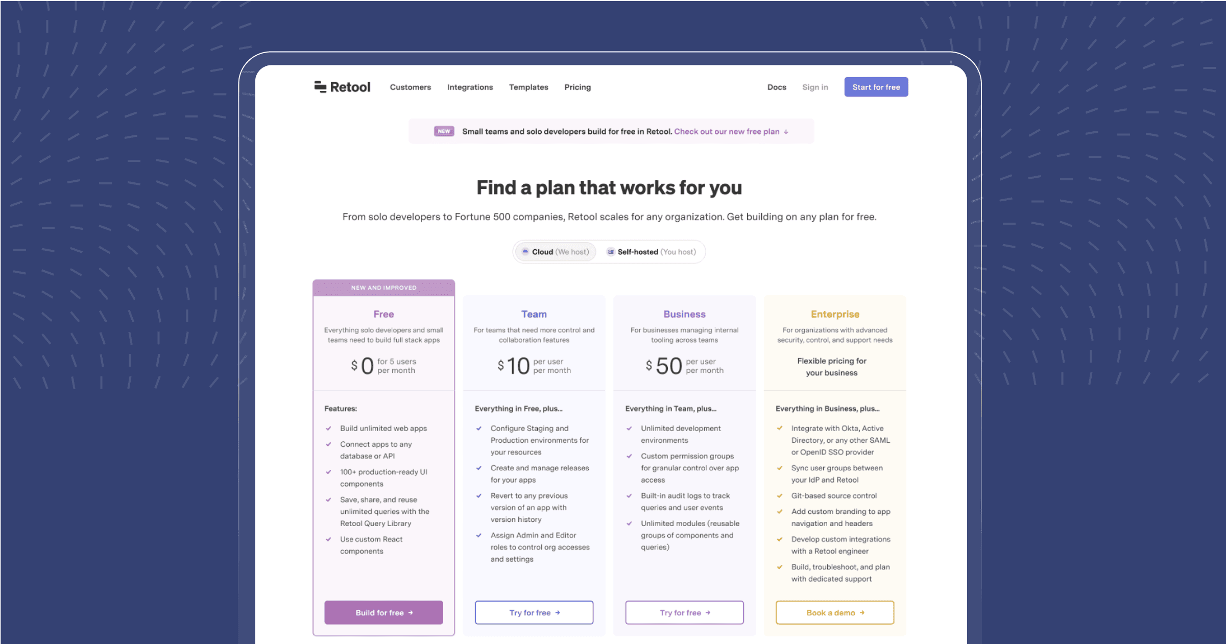 Pricing plans for Retool, featuring options for Free, Team, Business, and Enterprise tiers with various features listed.