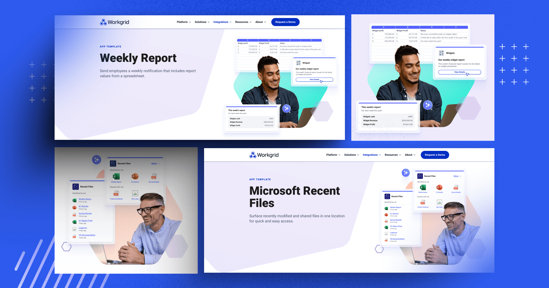 Four screenshots showcase Workgrid app templates: Weekly Report and Microsoft Recent Files, featuring data and user interaction.