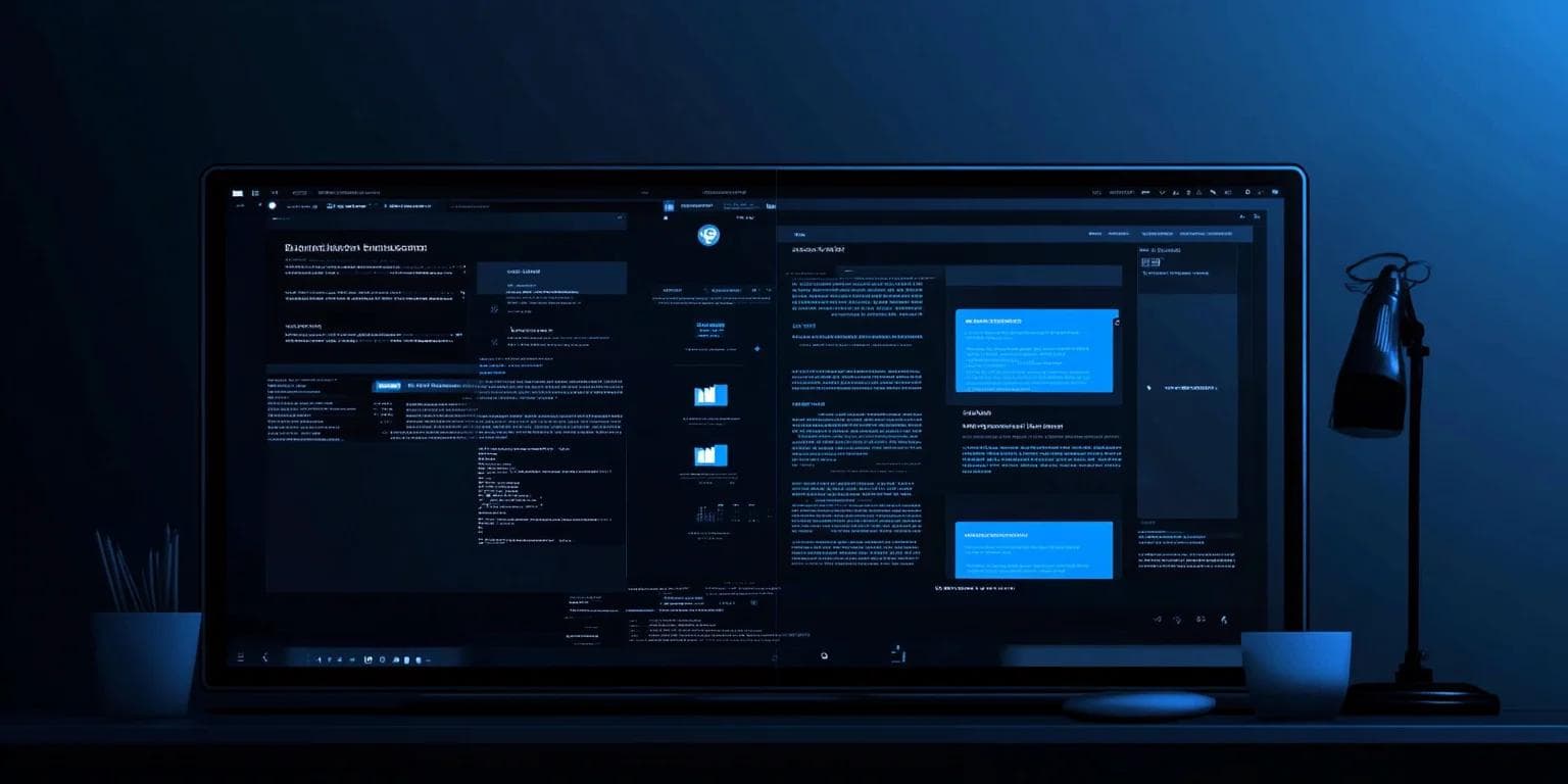 A dark-themed computer screen displaying various applications, graphs, and documents, with a desk lamp and plant nearby.