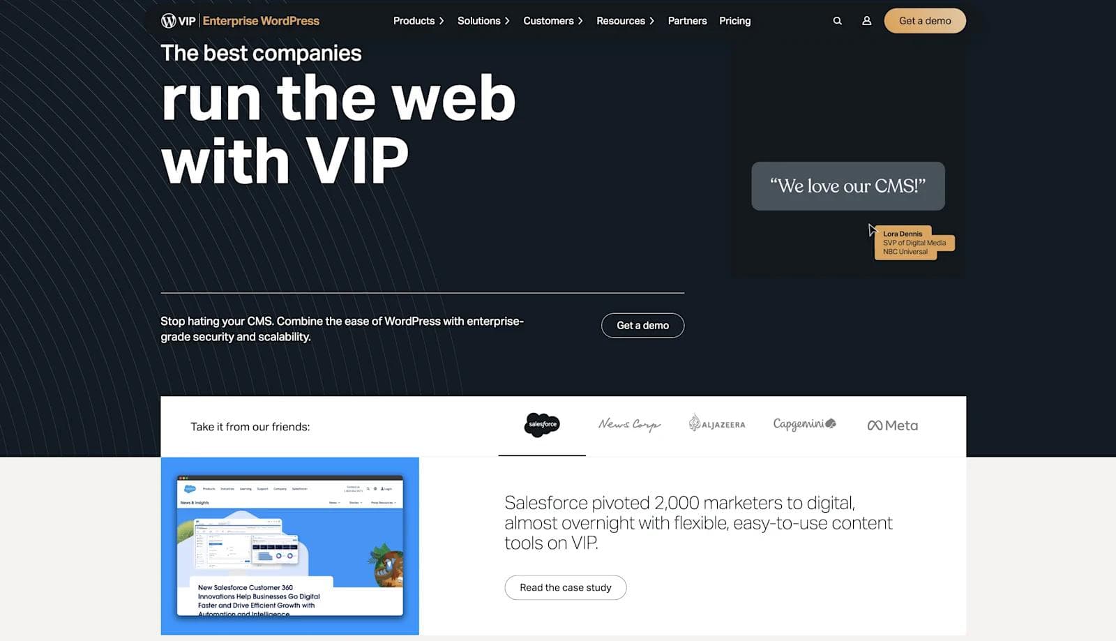 wpvip-homepage Homepage for VIP WordPress, showcasing enterprise CMS solutions and a testimonial from NBC Universal’s SVP.