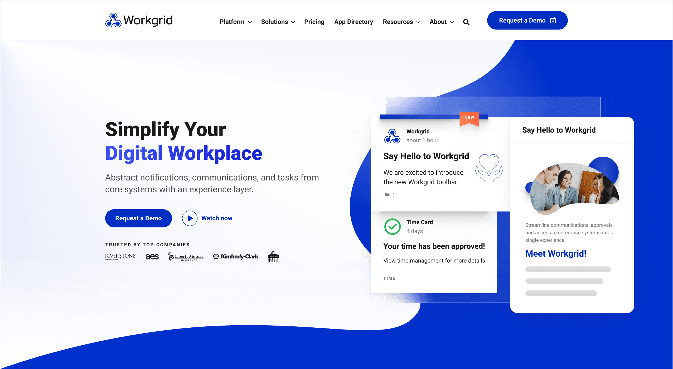Homepage of Workgrid, promoting a digital workplace with notifications and task management features.