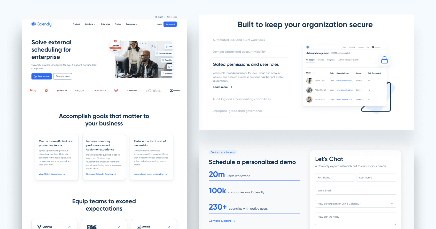 Webpage for Calendly showcasing scheduling solutions for enterprises and features for efficient team management.