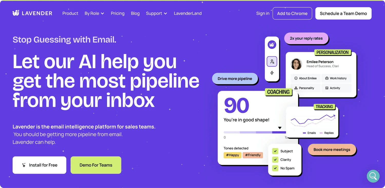 lavender homepage Lavender email platform promotes AI assistance for sales, improving email pipelines and tracking performance metrics.