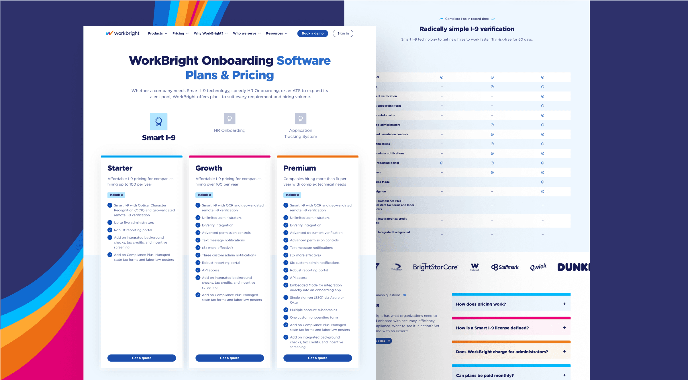 Screenshot of the WorkBright onboarding software plans and pricing page, featuring different service tiers and FAQs.