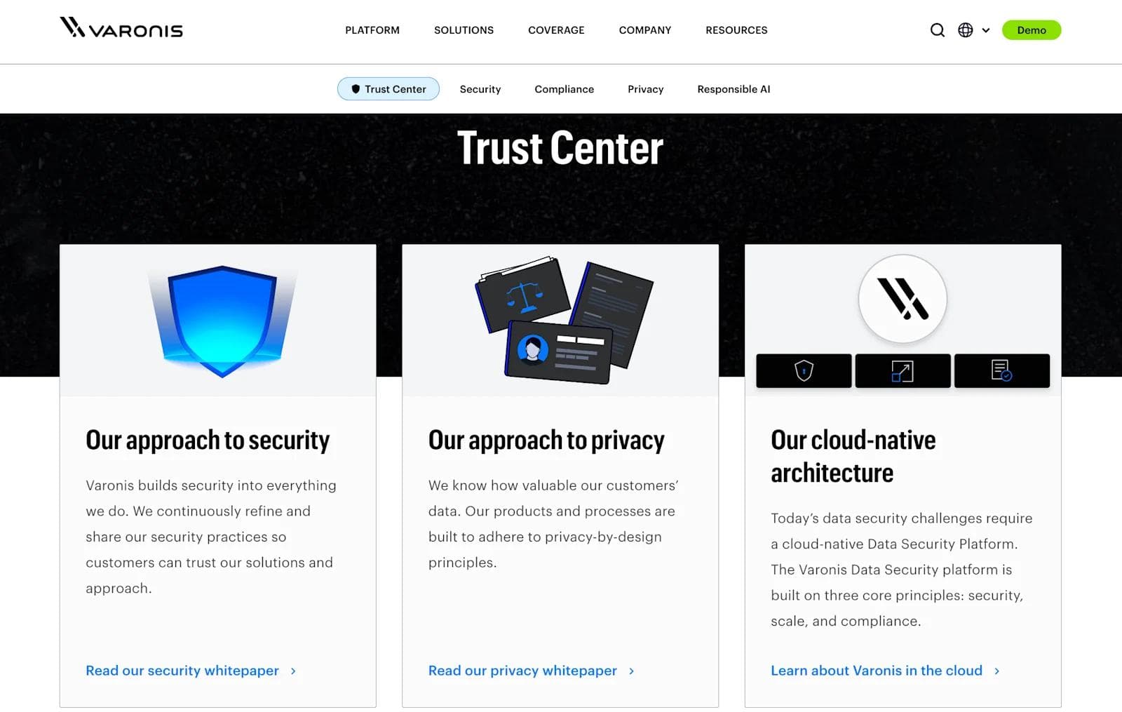 varonis trust center Homepage of Varonis Trust Center highlighting security, privacy, and cloud-native architecture approaches.